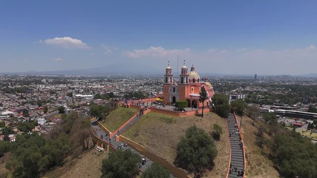Aerial video, church of Virgen de los Remedios in Cholula, Holy Week, Mexico