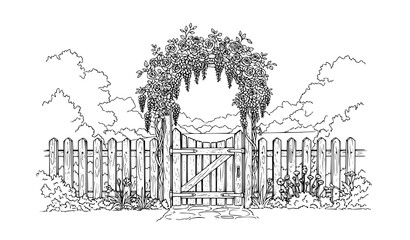Naklejka premium A minimalist line art illustration of a wooden gate with a trellis