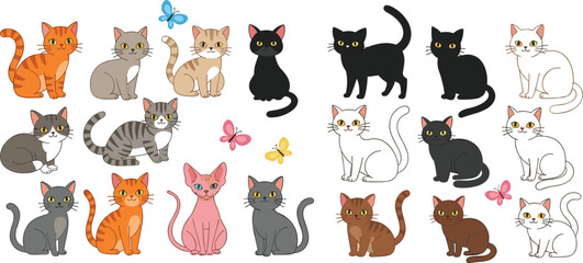 Cute cat illustration set featuring kittens in various poses with butterflies and playful expressions in colorful cartoon style collection © MstLinaAkter