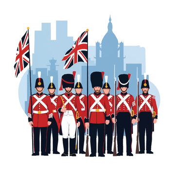 Historical vector illustration of mid-19th century British soldiers in traditional redcoat uniforms with Union Jack flags, featuring guardsmen in bearskin hats and London skyline.