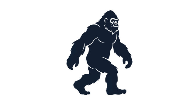 Full body vector silhouette of a walking Bigfoot or Sasquatch mythical creature. Hairy ape-like bipedal monster with muscular build and facial details isolated on a white background.