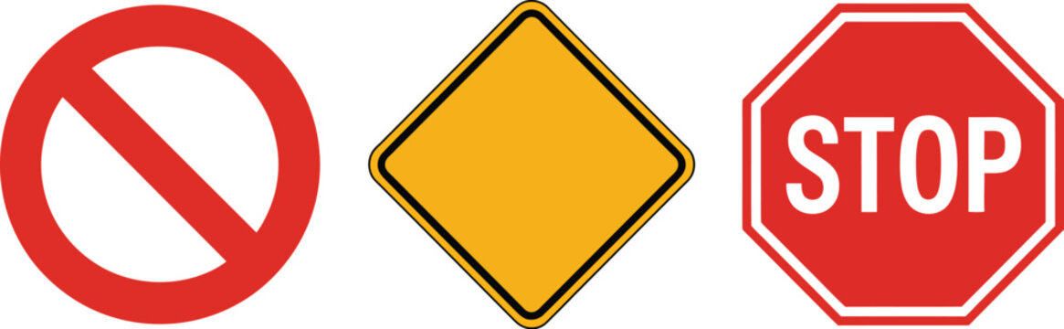 Empty traffic sign icon set, vector collection of blank stop sign red circle prohibition symbols yellow warning signs and priority road icons for custom signage design.
