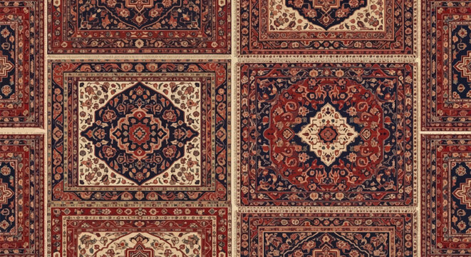 Seamless pattern of traditional Persian rugs featuring intricate floral medallions, arabesque motifs, and layered borders in a deep red, navy blue, and ivory antique patchwork design.