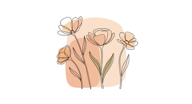 Continuous line art floral design with four black outline flowers and stems over abstract muted peach and earth tone organic background shapes on a clean white backdrop.