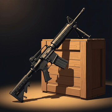 Modern M4 carbine assault rifle with attached bipod leaning against a wooden military storage crate in dramatic spotlighting with dark background and collapsible stock.