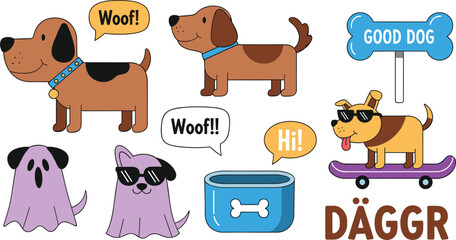 Cute dog cartoon illustration set featuring playful puppies speech bubbles skateboard pet bowl ghost costumes and fun typography in colorful style © MstLinaAkter