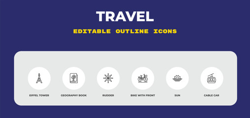 outline travel icons set - eiffel tower, geography book, rudder. editable vector for web and mobile ui © IconArt
