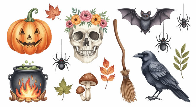Watercolor Halloween illustrations featuring a carved pumpkin jack-o'-lantern, human skull with flower crown, black bat, raven, spiders, bubbling cauldron, broomstick and leaves.