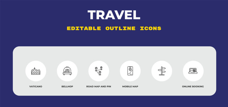 outline travel icons set - vaticano, bellhop, road map and pin. editable vector for web and mobile ui