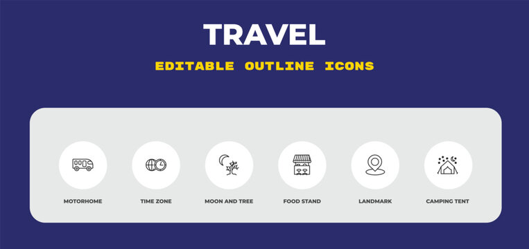 outline travel icons set - motorhome, time zone, moon and tree. editable vector for web and mobile ui