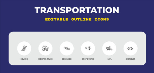 outline transportation icons set - rowing, monster truck, bobsleigh. editable vector for web and mobile ui © IconArt