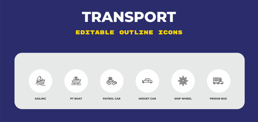 outline transport icons set - sailing, pt boat, patrol car. editable vector for web and mobile ui © IconArt