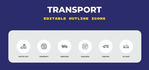 outline transport icons set - police car, gearshift, wrecker. editable vector for web and mobile ui © IconArt