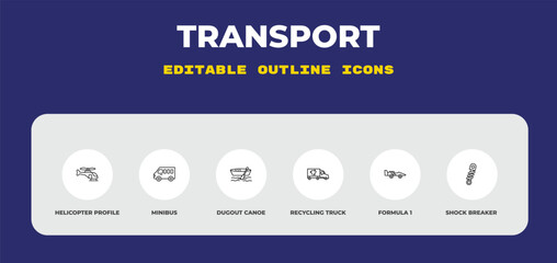 Fototapeta premium outline transport icons set - helicopter profile, minibus, dugout canoe. editable vector for web and mobile ui