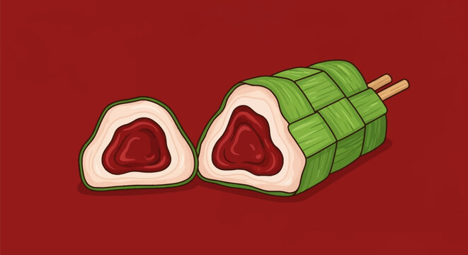 Vector illustration of traditional Dodol Cina sticky rice cake wrapped in woven green leaves with a red sweet filling cross-section on a solid red background for Chinese New Year