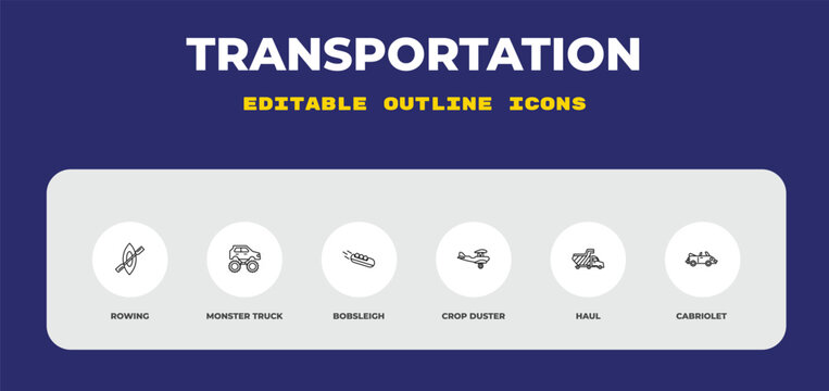 outline transportation icons set - rowing, monster truck, bobsleigh. editable vector for web and mobile ui
