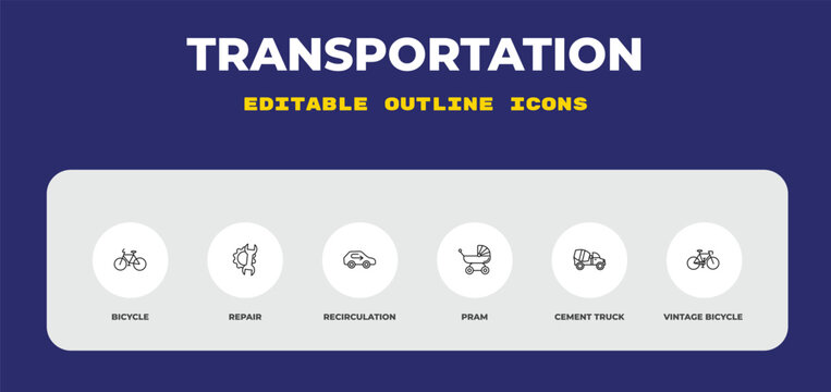 outline transportation icons set - bicycle, repair, recirculation. editable vector for web and mobile ui