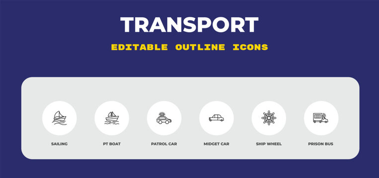 outline transport icons set - sailing, pt boat, patrol car. editable vector for web and mobile ui