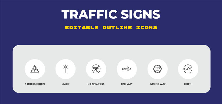 outline traffic signs icons set - y intersection, laser, no weapons. editable vector for web and mobile ui