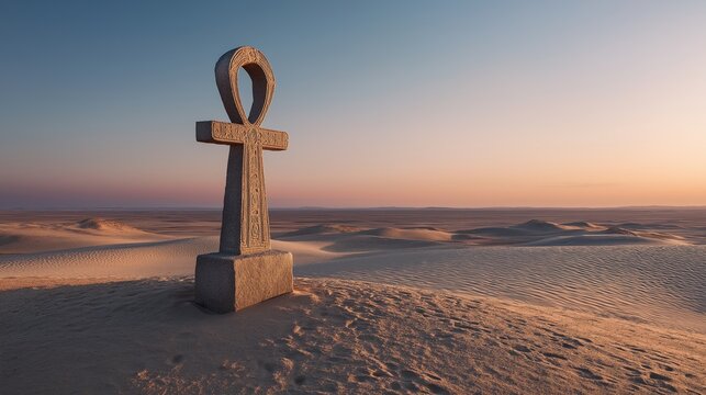 Majestic Ankh in Desert Landscape at Dusk
