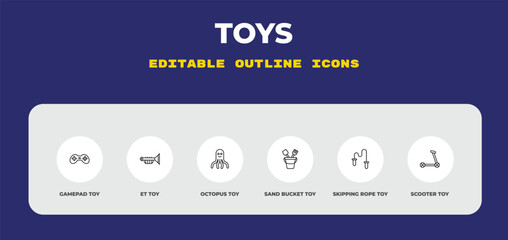 outline toys icons set - gamepad toy, et toy, octopus toy. editable vector for web and mobile ui © IconArt