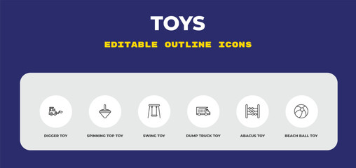 outline toys icons set - digger toy, spinning top toy, swing toy. editable vector for web and mobile ui © IconArt