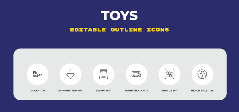outline toys icons set - digger toy, spinning top toy, swing toy. editable vector for web and mobile ui