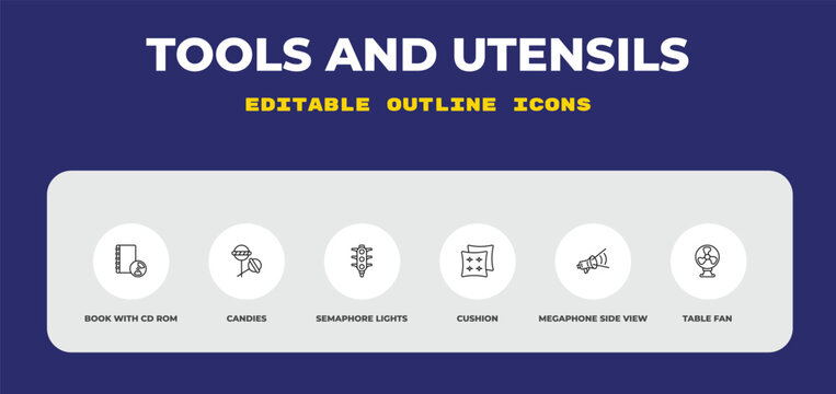 outline tools and utensils icons set - book with cd rom, candies, semaphore lights. editable vector for web and mobile ui