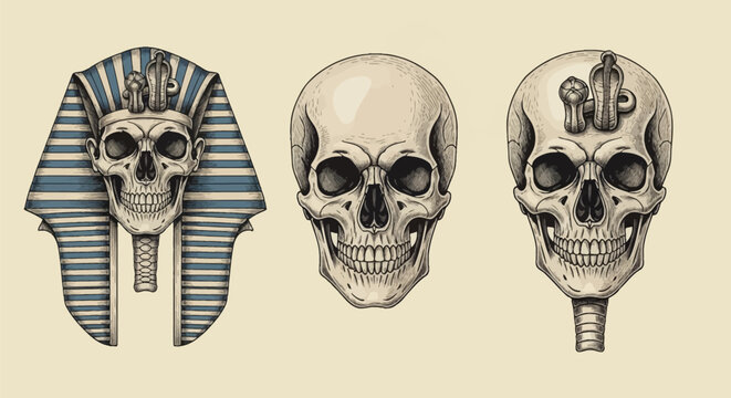 Set of three detailed hand-drawn sketches featuring human skulls with Ancient Egyptian pharaoh elements including a striped Nemes headdress, ceremonial beard, and uraeus cobra on forehead.
