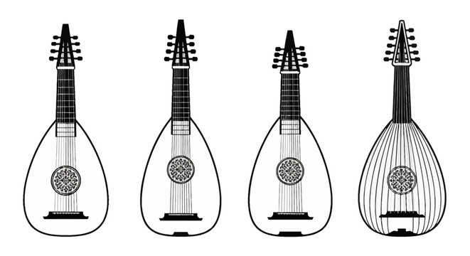 Set of four black and white lute illustrations showing front views of classical stringed musical instruments with detailed rosettes, pegboxes, and strings on a white background.