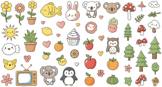Cute kawaii nature and animal illustration set featuring fruits plants forest elements and adorable characters in colorful cartoon doodle style