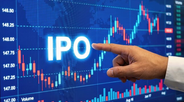 Hand pointing at digital stock market chart displaying IPO growth trends with fluctuating price lines and volume indicators in a financial analysis setting