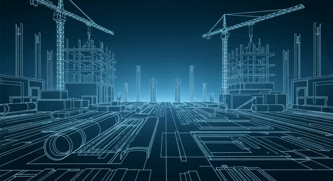 Blue digital wireframe illustration of a high-tech construction site featuring tower cranes, building frame skeletons, industrial pipes, and structural plans on a grid background.