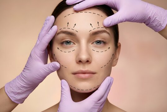Cosmetic Surgery Facial Mapping and Plastic Surgeon Hands with Gloves Planning Face Lift for Patient