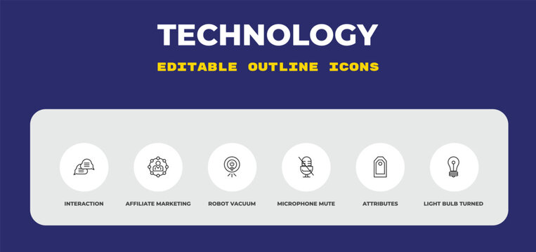 outline technology icons set - interaction, affiliate marketing, robot vacuum. editable vector for web and mobile ui