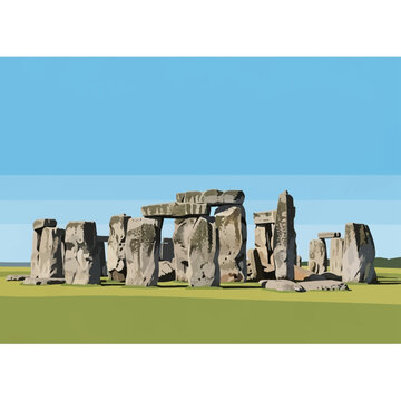 Vector illustration of Stonehenge prehistoric monument in Wiltshire, England, featuring large standing sarsen stones and horizontal lintels on a green field under a clear blue sky.