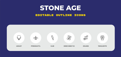 outline stone age icons set - amulet, pterodactyl, club. editable vector for web and mobile ui © IconArt