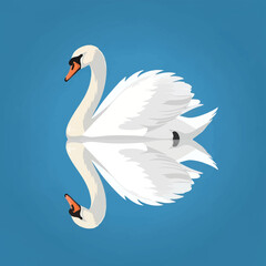 Fototapeta premium Vector illustration of a white mute swan swimming on blue water with a symmetrical vertical reflection. Flat design graphic of a graceful bird with white feathers and orange beak.