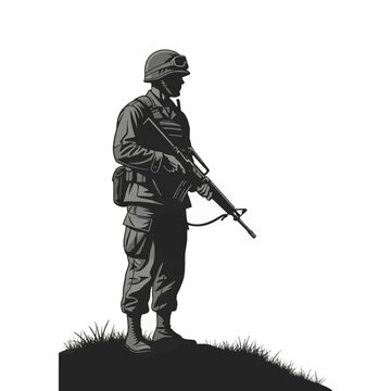 Grayscale vector illustration of a US soldier in Vietnam War era combat uniform standing on a grassy hill holding an M16 rifle, wearing an M1 helmet and field gear.