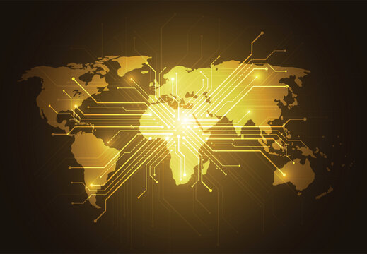 Global digital network connection concept with golden world map and circuit lines