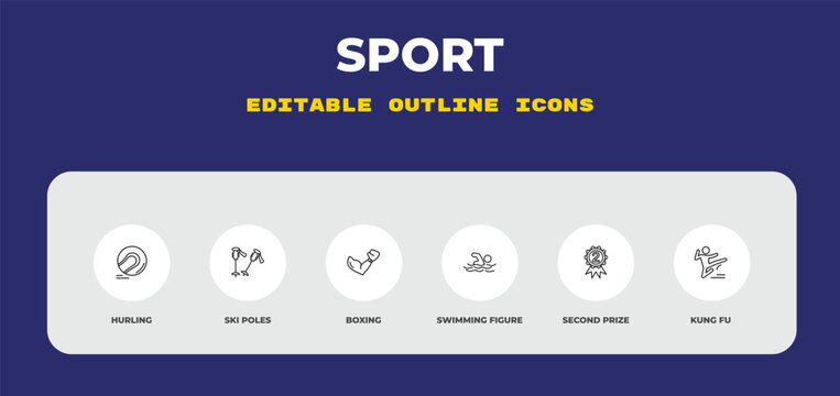 outline sport icons set - hurling, ski poles, boxing. editable vector for web and mobile ui
