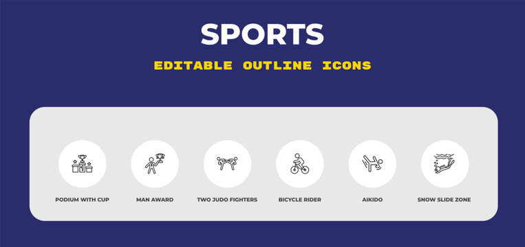 outline sports icons set - podium with cup, man award, two judo fighters. editable vector for web and mobile ui