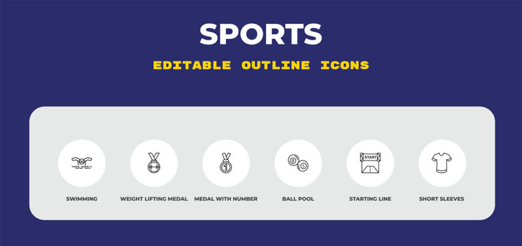 outline sports icons set - swimming, weight lifting medal, medal with number 1. editable vector for web and mobile ui
