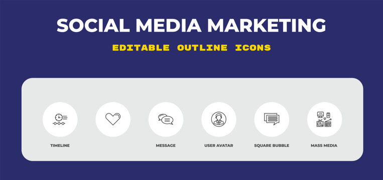 outline social media marketing icons set - timeline, , message. editable vector for web and mobile ui