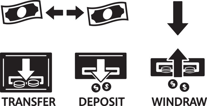 Banking icons, financial symbols, transfer deposit withdraw, money transaction, vector graphics