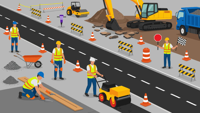 Road Construction Workers Repairing Asphalt with Excavator Roller Truck Traffic Cones and Safety Equipment in Isometric Cartoon Illustration
