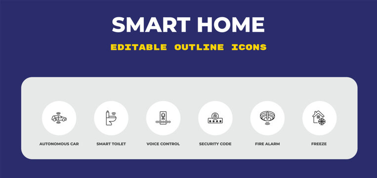 outline smart home icons set - autonomous car, smart toilet, voice control. editable vector for web and mobile ui