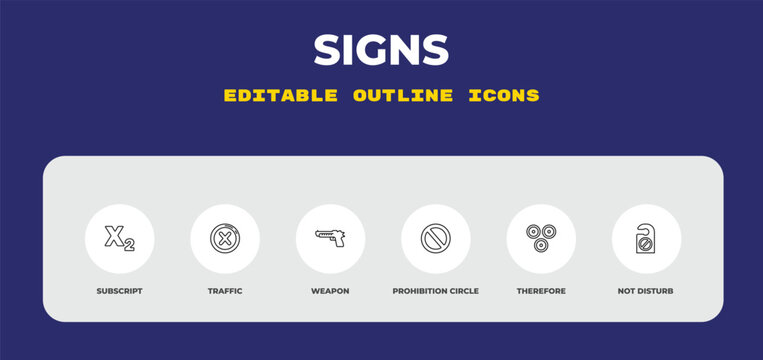 outline signs icons set - subscript, traffic, weapon. editable vector for web and mobile ui