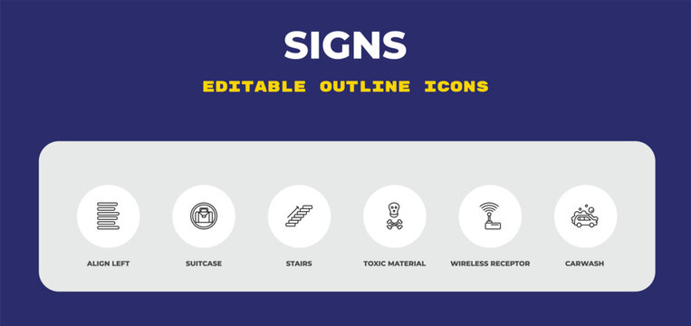 outline signs icons set - align left, suitcase, stairs. editable vector for web and mobile ui