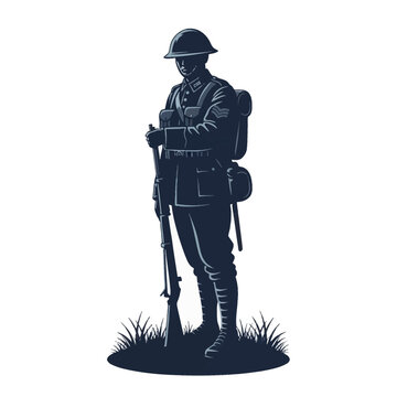 Full length vector illustration of a British World War I infantry soldier wearing a Brodie helmet, sergeant uniform, and field gear, holding a Lee-Enfield rifle on white background.